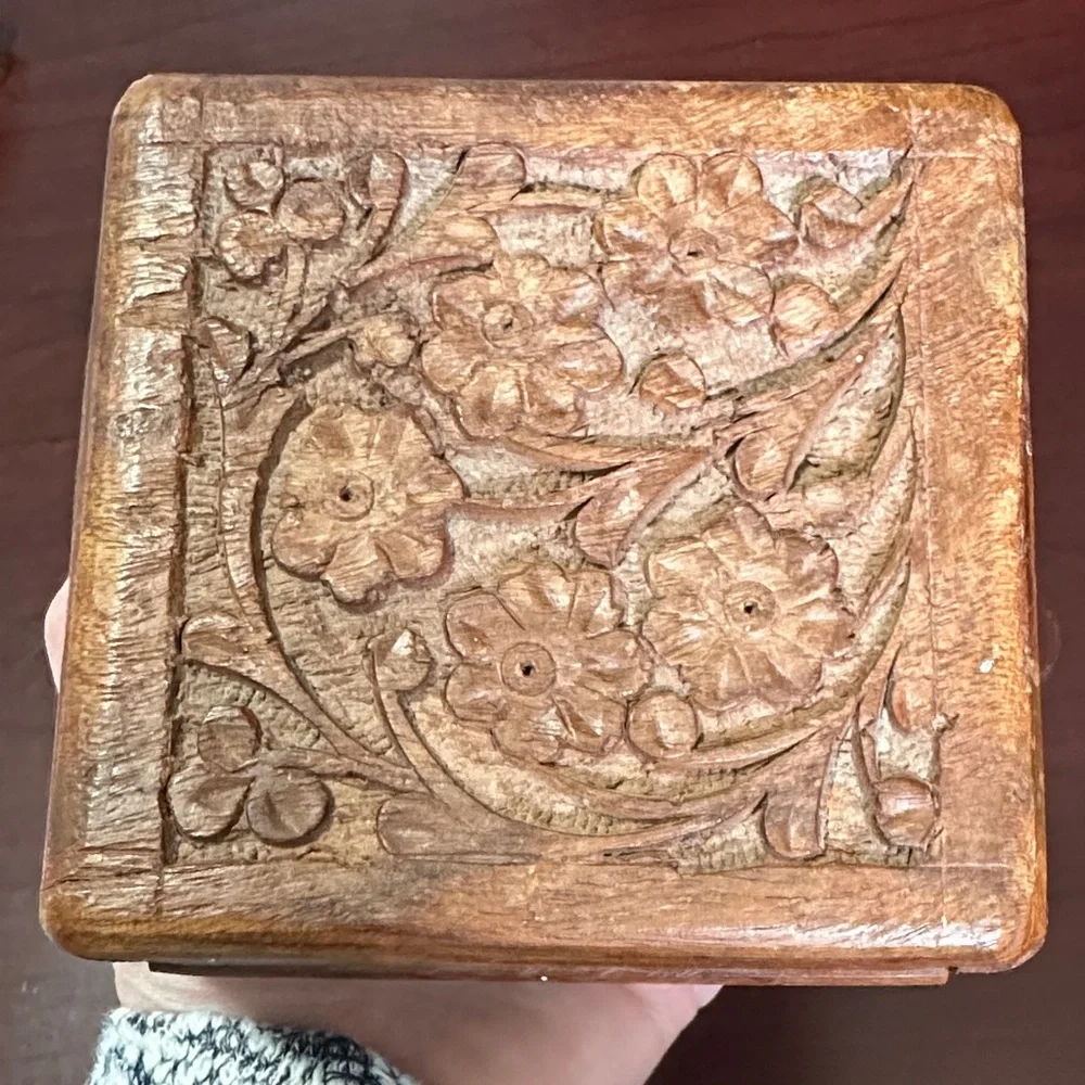 Carved Floral Wooden Trinket Box in Warm Brown